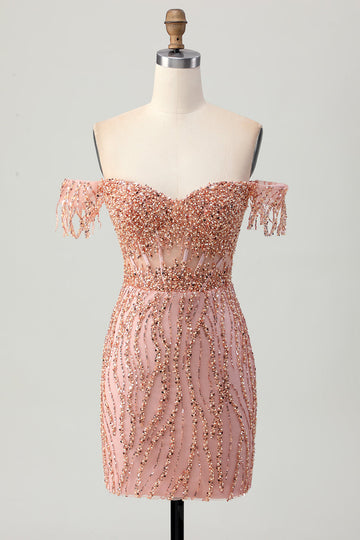 Dusty Rose Bodycon Off The Shoulder Korsett Kort Homecoming Klänning med Beading